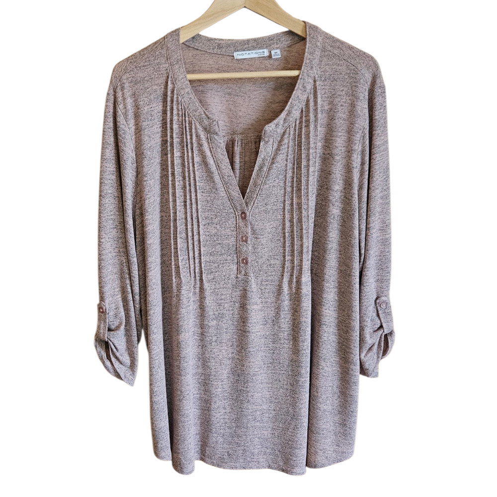 Notations Woman 3X Pink Marled Space Dye Pintuck V-Neck Roll Tab Sleeve Top